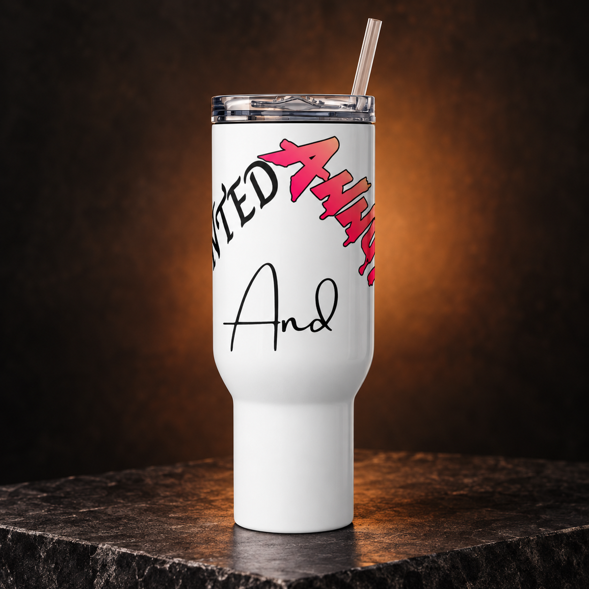Anointed and Annoyed white 40 oz travel mug on a dark stone surface